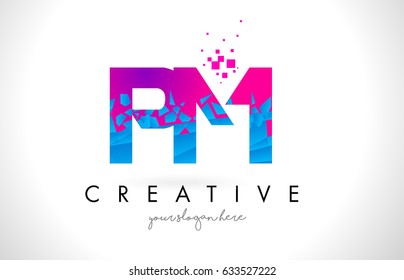 PM P L Letter Logo with Broken Shattered Blue Pink Triangles Texture Design Vector Illustration.