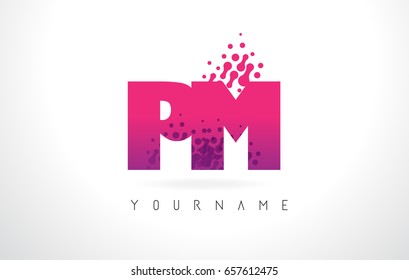 PM P L Letter Logo with Pink Letters and Purple Color Particles Dots Design.