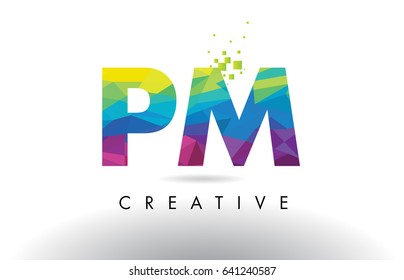 PM P m Colorful Letter Design with Creative Origami Triangles Rainbow Vector.