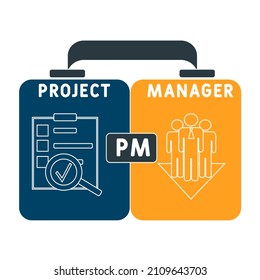 PM - Project Manager acronym. business concept background. vector illustration concept with keywords and icons. lettering illustration with icons for web banner, flyer, landing pag