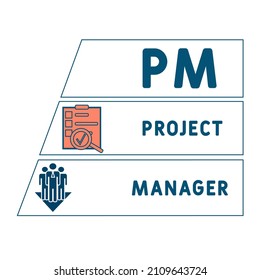 PM - Project Manager acronym. business concept background. vector illustration concept with keywords and icons. lettering illustration with icons for web banner, flyer, landing pag