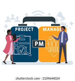 PM - Project Manager acronym. business concept background. vector illustration concept with keywords and icons. lettering illustration with icons for web banner, flyer, landing pag