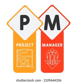 PM - Project Manager acronym. business concept background. vector illustration concept with keywords and icons. lettering illustration with icons for web banner, flyer, landing pag