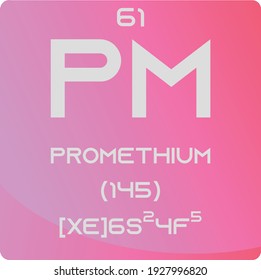 Pm Promethium Lanthanide Chemical Element vector illustration diagram, with atomic number, mass and electron configuration. Simple gradient flat hexagon design for education, lab, science class.