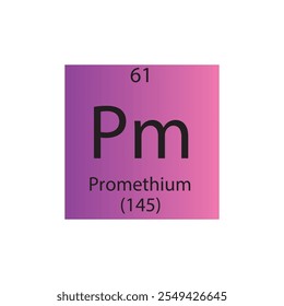 Pm Promethium Lanthanide Chemical Element Tabla Periódica. Ilustración vectorial cuadrada plana simple, icono de estilo limpio simple con masa molar y número atómico para laboratorio, ciencia o clase de química.