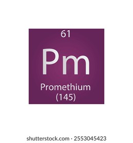 Pm Promethium Lanthanide Chemical Element Tabla Periódica. Ilustración vectorial cuadrada plana simple, icono de estilo limpio simple con masa molar y número atómico para laboratorio, ciencia o clase de química.