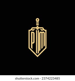 PM vintage shield and sword initial logo in high quality professional design that will print well across any print media