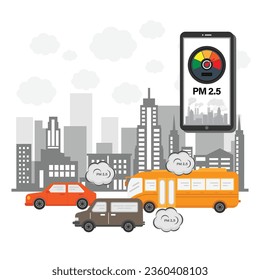 PM2.5 air pollution alert meter on smartphone application in flat design vector illustration.