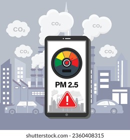 PM2.5 air pollution alert meter on smartphone application in flat design vector illustration.