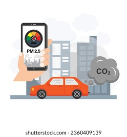PM2.5 air pollution alert meter on smartphone application in flat design vector illustration.