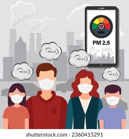 PM2.5 air pollution alert meter on smartphone. People wearing protective face masks protect  smoke on background.