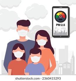PM2.5 air pollution alert meter on smartphone. People wearing protective face masks protect  smoke on background.