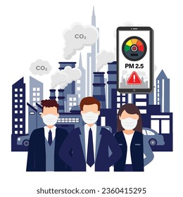 PM2.5 air pollution alert meter on smartphone. People wearing protective face masks protect  smoke on background.