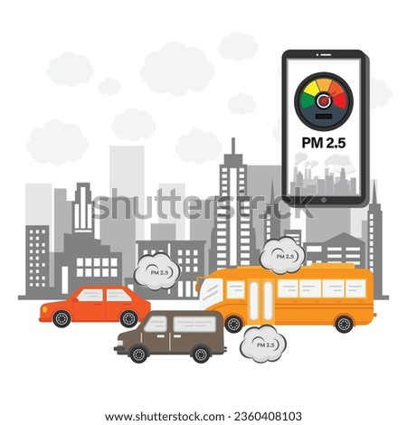 PM2.5 air pollution alert meter on smartphone application in flat design vector illustration.