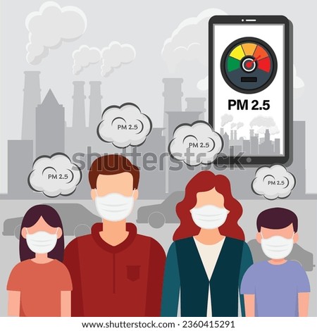 PM2.5 air pollution alert meter on smartphone. People wearing protective face masks protect  smoke on background.