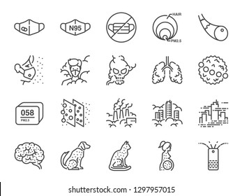 PM2.5 Air pollution line icon set. Included icons as smoke, smog, pollution, factory, dust and more.