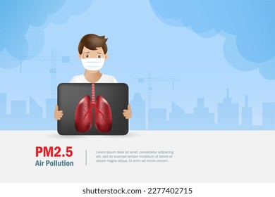 PM2.5 particulate matter. Man wearing face mask holding lung x ray film full of PM2.5 aerosol particles, particulate matter. Air pollution environment effect to people health.