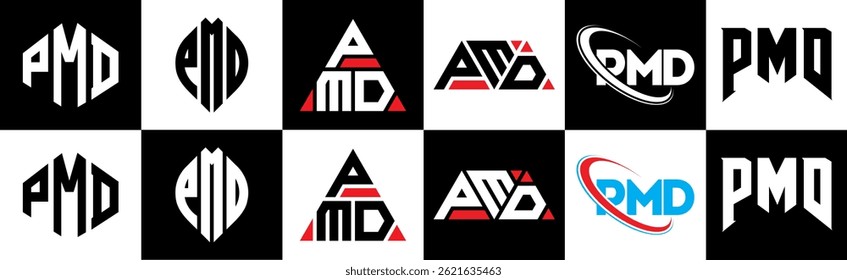 PMD letter logo design in six style. PMD polygon, circle, triangle, hexagon, flat and simple style with black and white color variation letter logo set in one artboard. PMD minimalist and classic logo