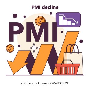 PMI decline as a recession indicator. Purchasing managers index. Significant, widespread, and prolonged economic slow down or stagnation. Flat vector illustration