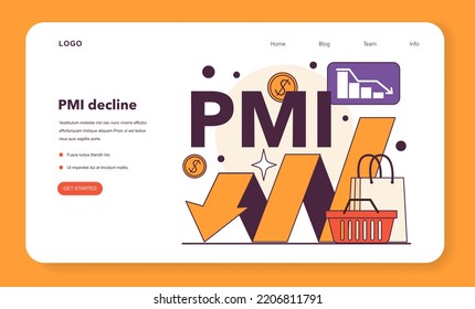 PMI decline as a recession indicator web banner or landing page. Purchasing managers index. Significant, widespread, and prolonged economic slow down or stagnation. Flat vector illustration