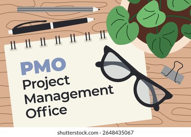 PMO, conceito do escritório de gerenciamento de projetos; ideal para apresentações, relatórios ou conteúdo educacional sobre processos de negócios e ilustração vetorial de estratégia