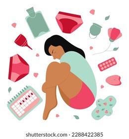 Niña de Síndrome de Piernas Inquietas. El concepto de menstruación cero desperdicio. Ilustración plana vectorial. Cuidado corporal. 