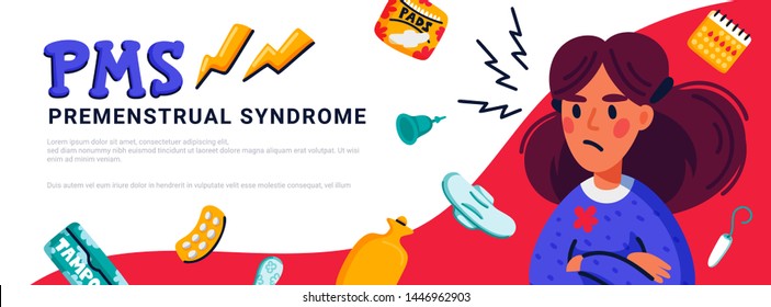 PMS horizontal banner concept. Woman suffering from premenstrual syndrome and related products such as sanitary pads and tampons. Flat style vector illustration