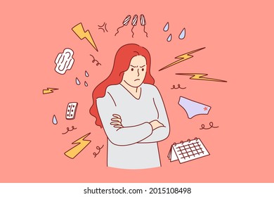 PMS and premenstrual syndrome concept. Young irritated Woman cartoon character standing suffering from premenstrual syndrome with sanitary pads and tampons around 