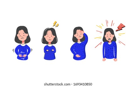 PMS. Set of woman suffering from premenstrual syndrome. Various symptoms of menstrual cycle such as headache, mood swings, acne, abdominal pain. Flat style vector illustration.