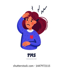 PMS symptoms concept. Woman suffering from premenstrual syndrome such as headache. Flat style vector illustration on white background