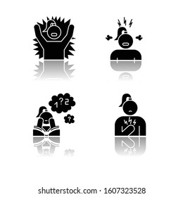 PMS symptoms drop shadow black glyph icons set. Emotional outburst. Irritability and stress. Poor concentration. Chest pain. Female healthcare. Attention deficit. Isolated vector illustrations