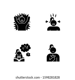 PMS Symptoms Glyph Icons Set. Emotional Outburst. Irritability And Stress. Poor Concentration. Math Problem Solving. Chest Pain. Female Healthcare. Silhouette Symbols. Vector Isolated Illustration