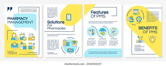 PMS system benefits brochure template. Patient needs, medicine dosage. Leaflet design with linear icons. Editable 4 vector layouts for presentation, annual reports. Questrial, Lato-Regular fonts used