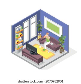 Pms woman isometric composition with female character crying on sofa in front of tv at home vector illustration