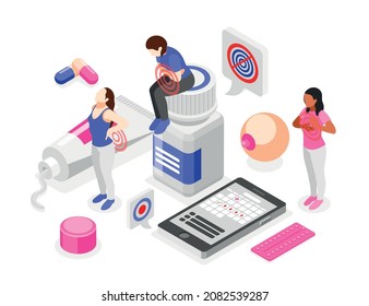 Pms woman isometric composition with icons of cream pills smartphone calendar and characters of suffering people vector illustration