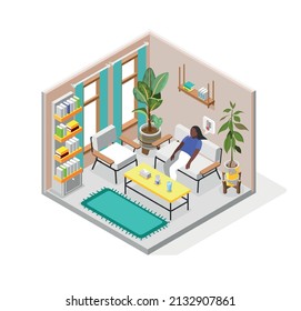 Pms Woman Isometric Composition Of Indoor Scenery With Sitting Female Character And Thought Bubble With Thermometer Vector Illustration