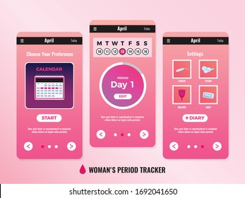 Pms woman mobile app calendar design concept with three windows or screenshots vector illustration