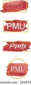 PMU branding logo. Permanent makeup banner. PMU style. Beauty studio elements. Design of PMU beauty artist. Watercolor brush banner. 