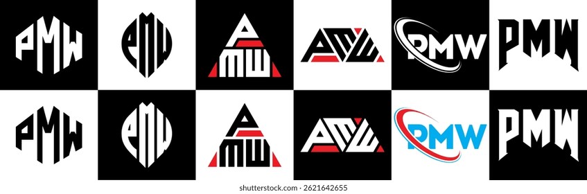 PMW letter logo design in six style. PMW polygon, circle, triangle, hexagon, flat and simple style with black and white color variation letter logo set in one artboard. PMW minimalist and classic logo
