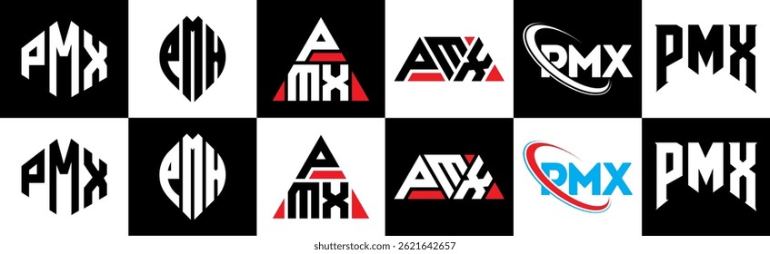 PMX letter logo design in six style. PMX polygon, circle, triangle, hexagon, flat and simple style with black and white color variation letter logo set in one artboard. PMX minimalist and classic logo