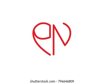 PN initial logo letter with heart shape red colored, logo design for wedding invitation, wedding name and business name.