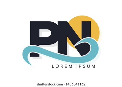 PN letter logo with ocean waves and sunset. Beach concept design