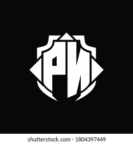PN logo monogram with shield line and 3 arrows shape design template on black background