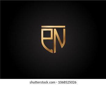 PN shield shape Letter Design in gold color