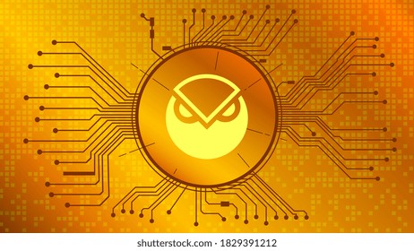 pNetwork PNT cryptocurrency token symbol of the DeFi project in circle with PCB tracks on gold background. Currency wallet icon. Decentralized finance programs. Vector EPS10.