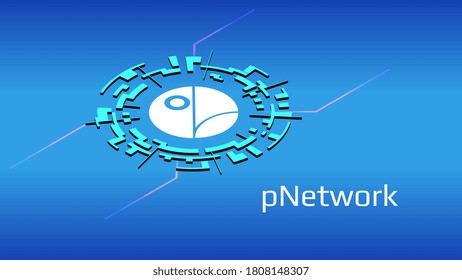 símbolo simbólico isométrico PNT de pNetwork del proyecto DeFi en círculo digital sobre fondo azul. Icono de criptodivisa. Programas de financiación descentralizada. EPS10 vectores.