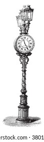 Pneumatic clock, in Paris, vintage engraved illustration. Magasin Pittoresque 1880.