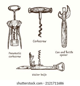 Pneumatic corkscrew, corkscrew, can and bottle opener and waiter knife. Ink black and white doodle drawing in woodcut style.