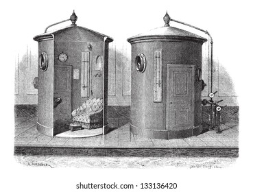 Pneumatic device for compressed air baths, vintage engraved illustration. Le Magasin Pittoresque - Larive and Fleury - 1874