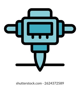 Pneumatic hammer drilling a concrete surface, construction tool icon, vector illustration